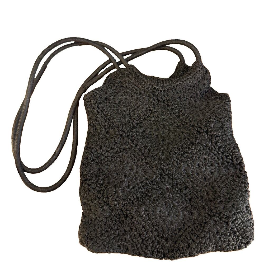 Laura Ashley Shoulder Bag Black Crochet Vintage Lined Boho Cottagecore 80s